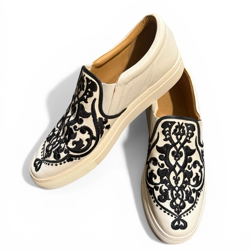 Brighton Cream Slip-On Sneakers with Black Embroidered Design